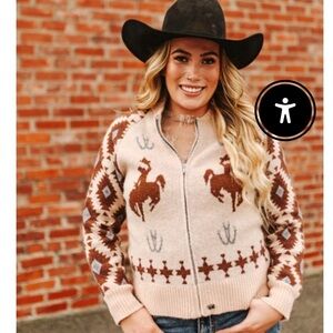 Lucky & Blessed Cream and Brown Western Zip Cardigan